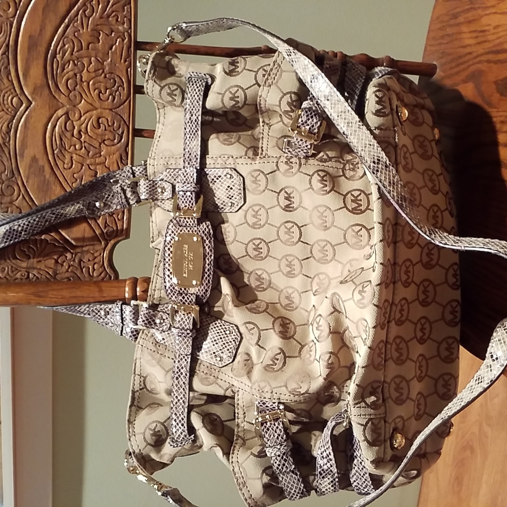 Michael Kors Gold Logo Snakeprint Patent Leather Trim Large Handbag